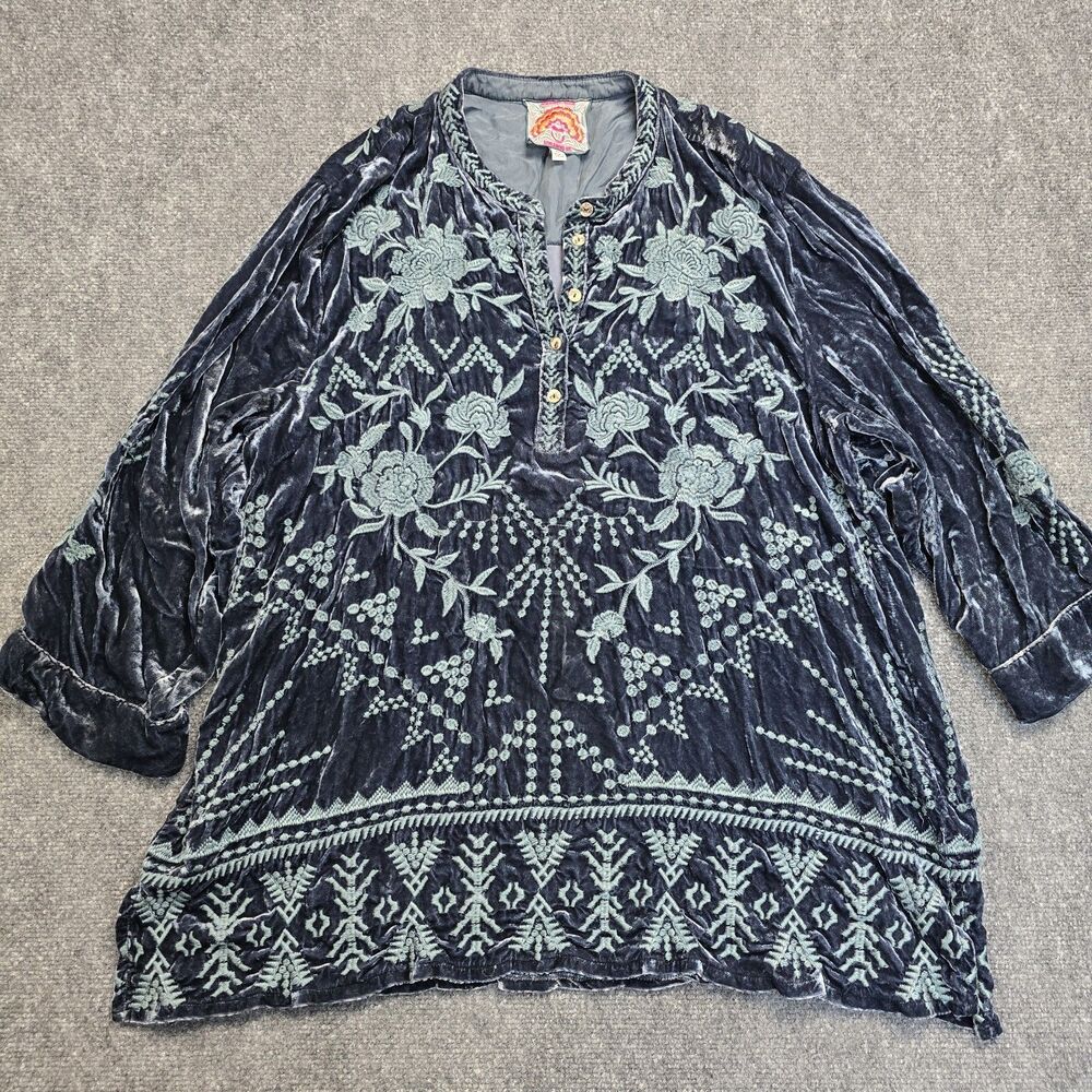 JOHNNY WAS Los Angeles Velvet Dylan Button Tunic Blouse Floral Embroidery Sz XXL